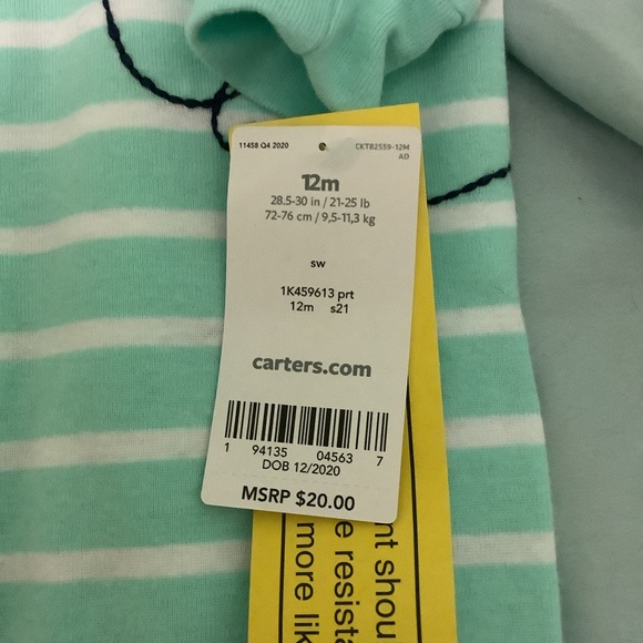 NWT Carters Ladybug Green and White Striped Footed Sleeper 12M - Picture 3 of 4